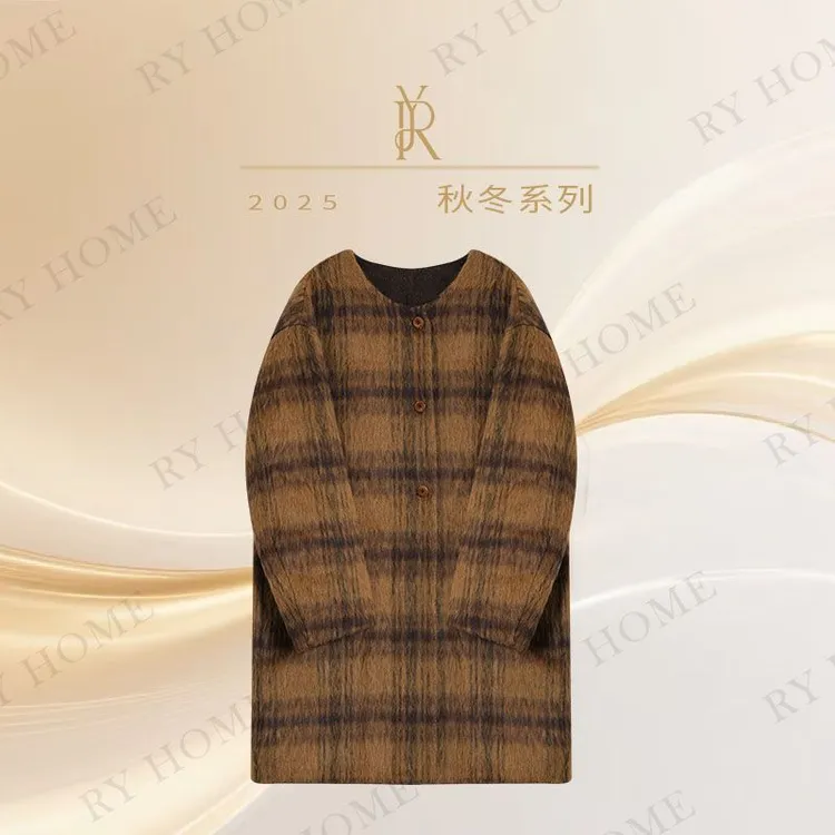 【容雨RYHOME】苏力绵羊毛格纹无领双面呢大衣外套253W2605