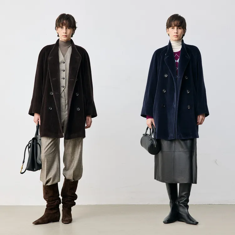 MARIUS"鱼子酱大衣"意大利鼎级BABY SURI羊驼毛双排扣A摆大衣