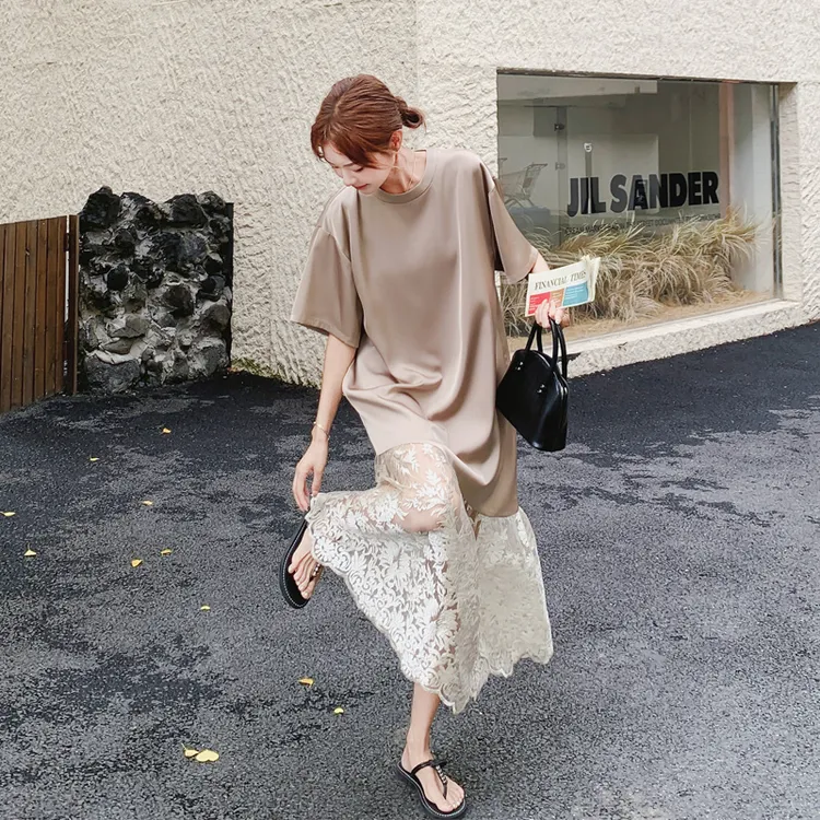 优雅气质连衣裙女2025夏季新款高级氛围感纯色蕾丝提花拼接鱼尾裙