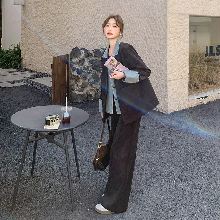 设计感小众高级感咖色假两件西装外套休闲裤两件套2025年新款套装