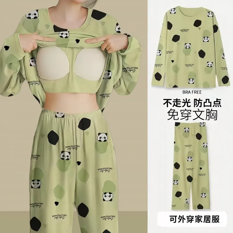 带胸垫睡衣女士春秋款2025新款长袖长裤卡通家居服套装可外穿