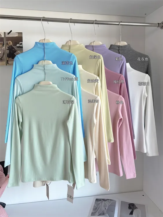 韩系新款莫代尔半高领打底衫女秋冬内搭超弹软糯修身磨毛加绒长袖