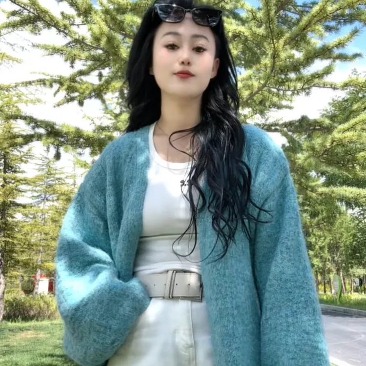 毛针织衫针织开衫泡泡袖加厚短款慵懒风女厚款保暖