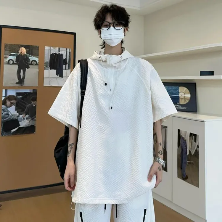 泡泡纱轻薄凉感套装男款夏季潮牌宽松运动短裤半拉链连帽短袖套装
