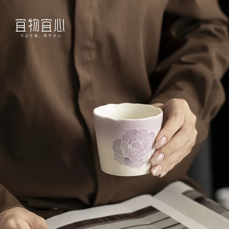 宜物宜心紫色手绘玫瑰陶瓷咖啡杯高颜值女士茶杯主人杯子可乐杯