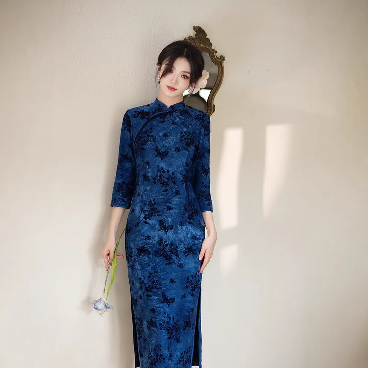 2025低领日常旗袍复古提花薄款春夏印花气质七分袖