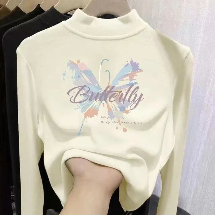 中大童加绒德绒长袖T恤秋冬保暖上衣女童蝴蝶印花半高领打底衫潮