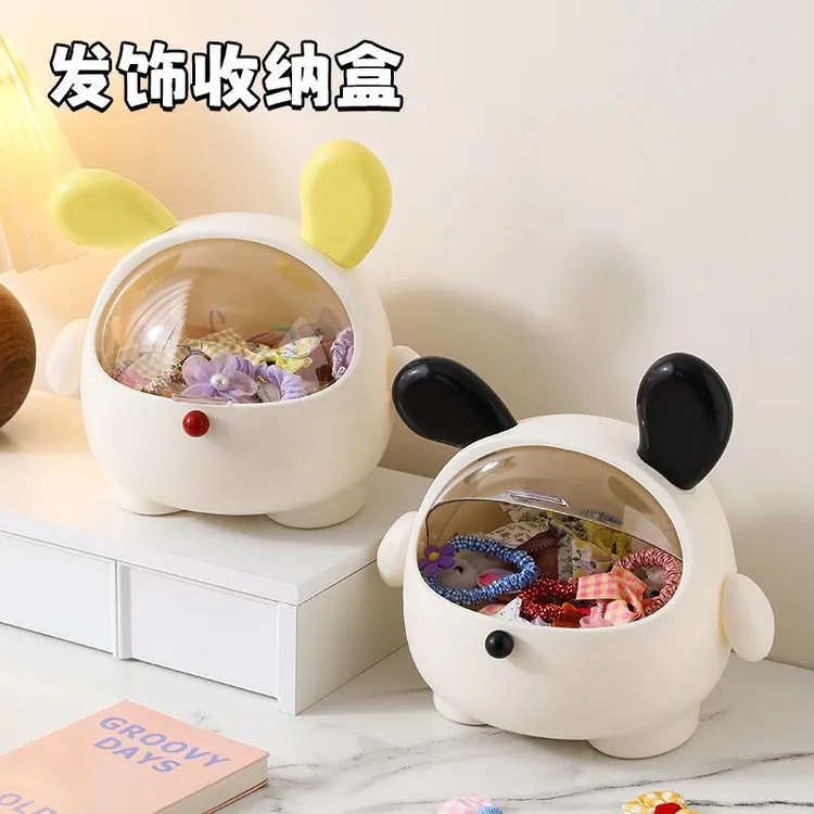 墩墩狗桌面整理收纳盒卡通摆件大容量防尘翻盖发圈头绳首饰收纳桶