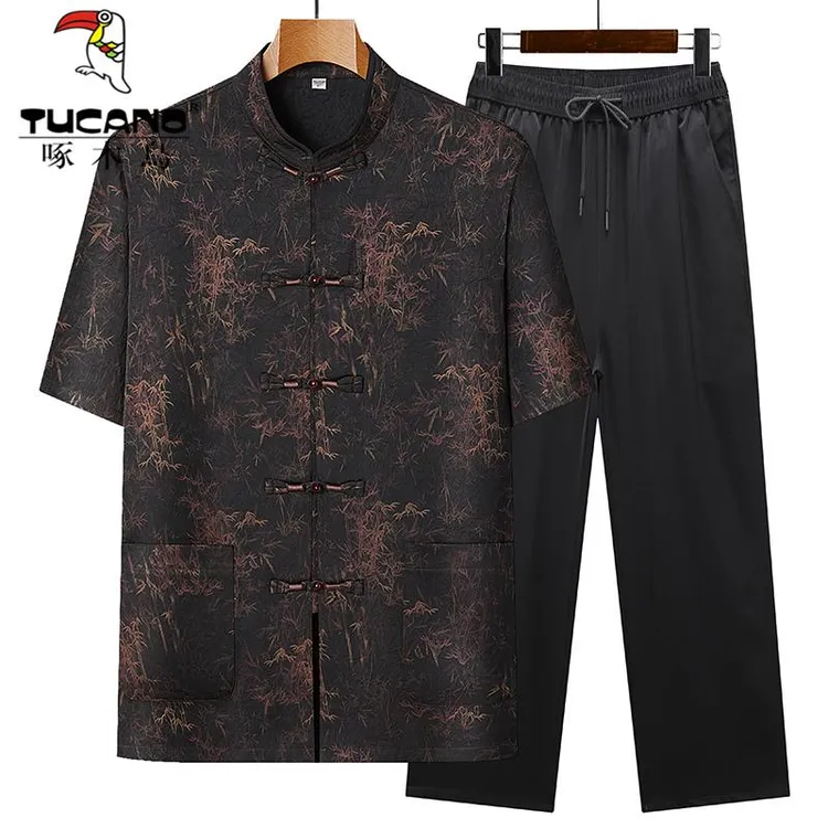 啄木鸟夏季高端短袖清凉唐装父亲中老年中式爷爷品牌男套装