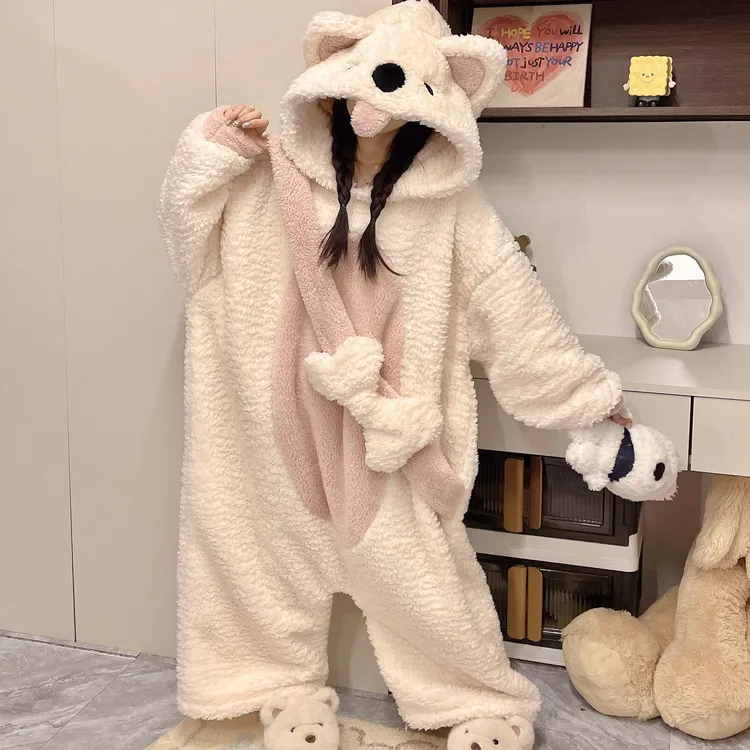 鱼丸家北极熊连体睡衣珊瑚绒女士冬季加厚保暖卡通可爱睡袍家居服