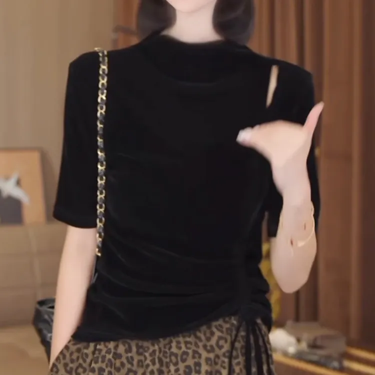 2025早秋新款洋气百搭设计感绑带短袖T恤女时尚休闲修身减龄上衣