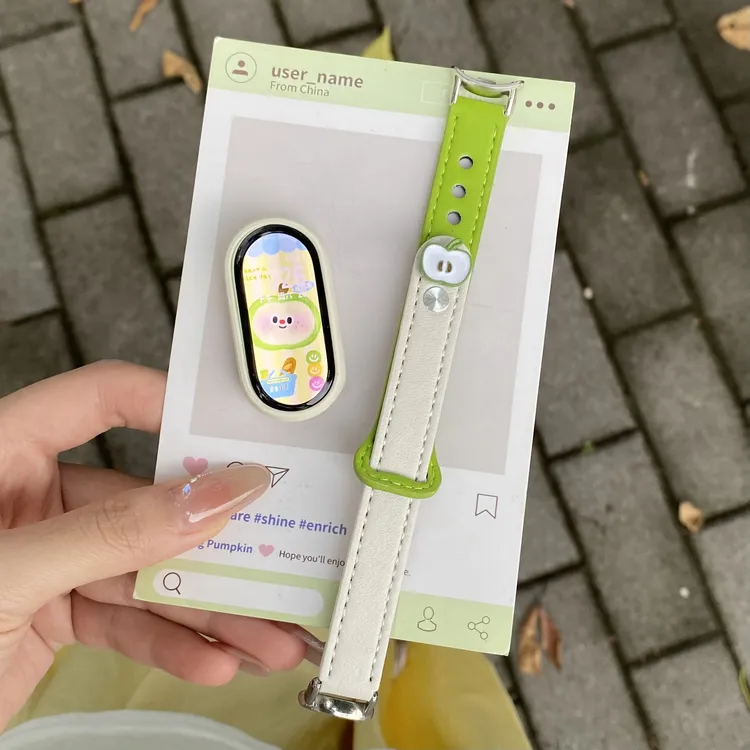 iboann适用小米手环10表带荧光绿9/8苹果片卡通双钉7新款皮质6/54