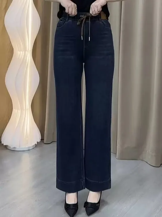 中老年女款加绒加厚高腰直筒女裤妈妈装