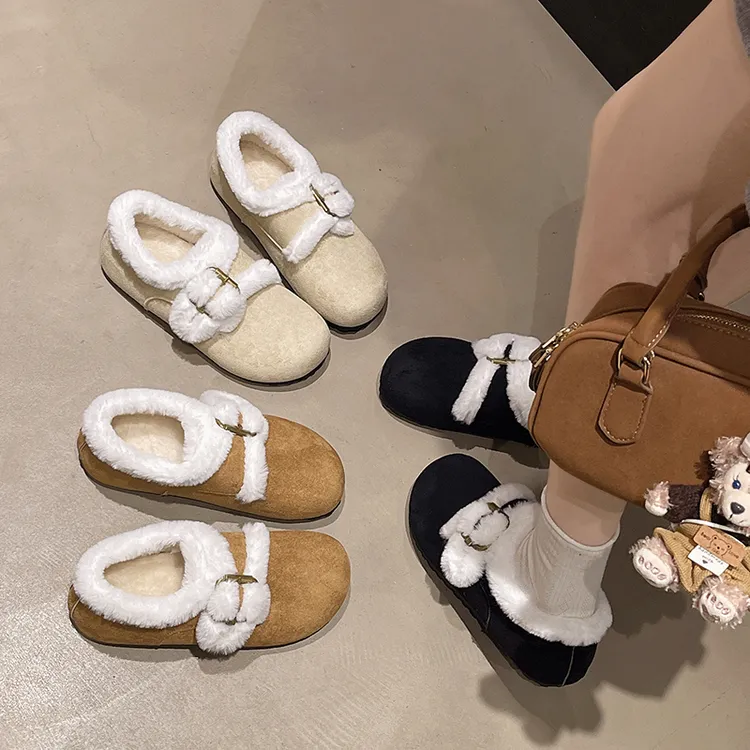 冬季新款保暖加绒小棉鞋踩屎感软底毛毛鞋平底一脚蹬懒人鞋软妹女