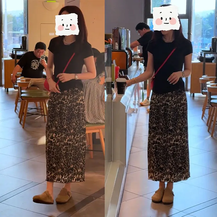 韩系夏日穿搭一整套修身显瘦纯色短袖T恤高腰豹纹半身裙两件套