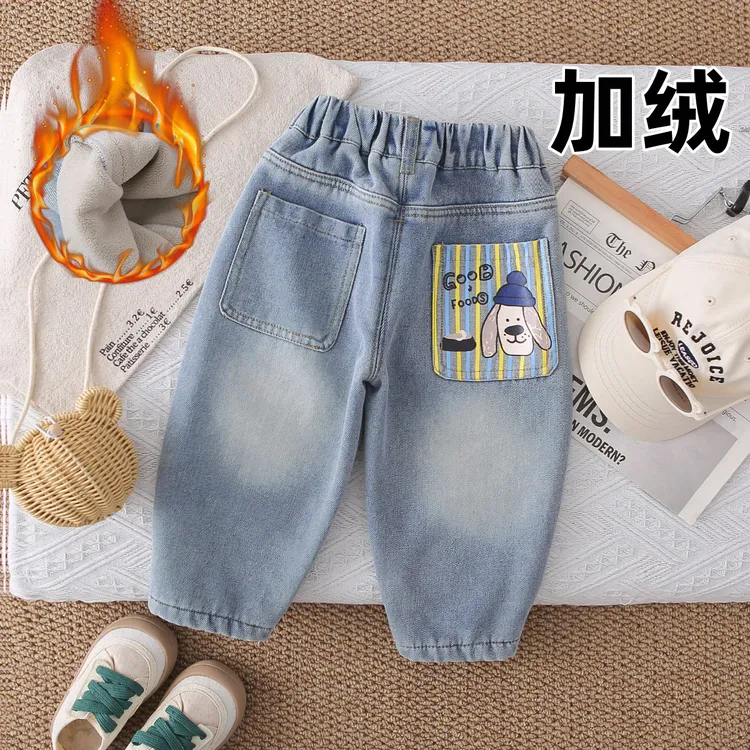 男童冬季加绒牛仔裤洋气儿童长裤韩版帅气小童一体绒保暖休闲裤子