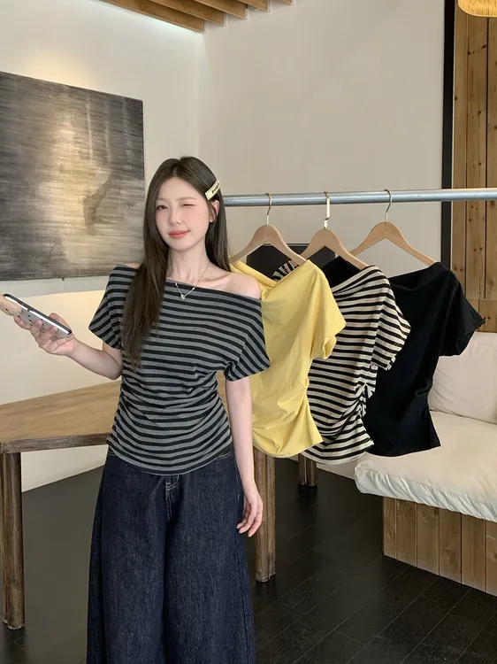 夏季时尚条纹体恤胖MM收腰显瘦上衣大码辣妹风一字肩短袖T恤女装