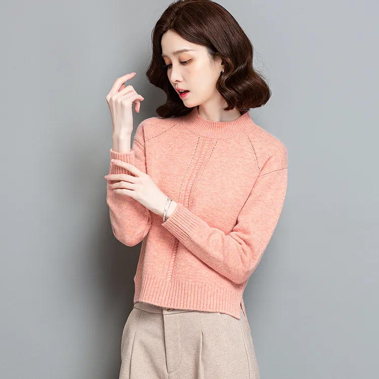 秋冬新款韩版半高领短款针织气质前短后长套头时尚百搭长袖毛衣女