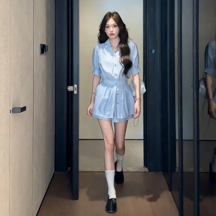 小个子绝美蓝色衬衫连衣裙子女夏季2025新款今年流行爆款短裙套装