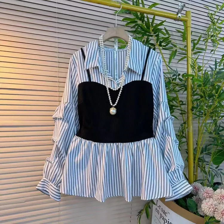 秋冬大码女装网红爆款时尚假两件马甲衬衫遮肉显瘦衬衫韩版