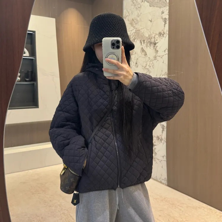 宿慕SUMU宽松菱形格外套女2025新9-25简约百搭连帽加棉上衣88838
