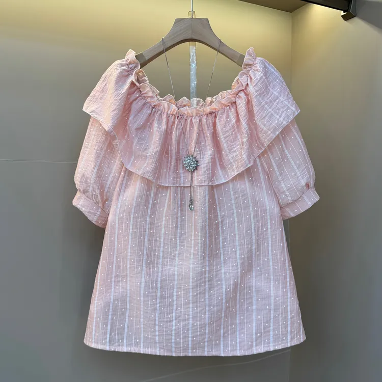 2025新款欧洲站韩系一字肩荷叶领竖纹复古波点小清新甜美小衫6002