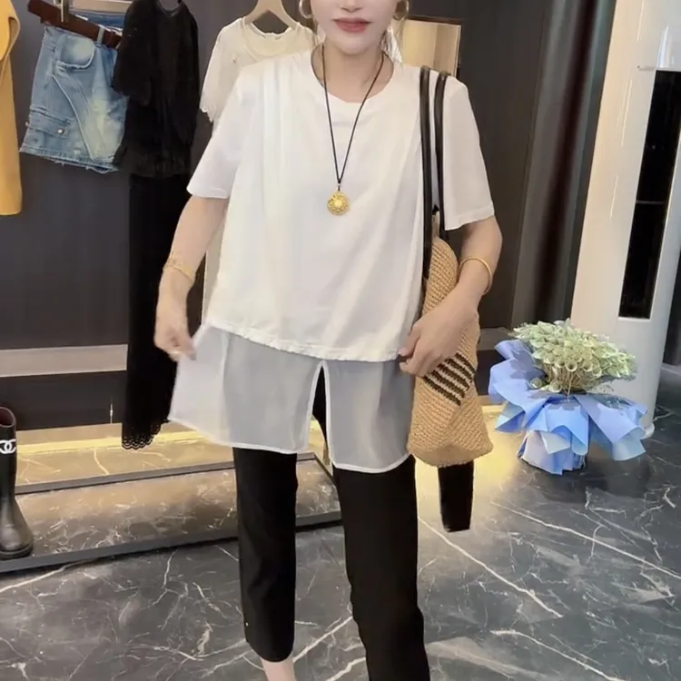法式气质短袖连衣裙女2025夏季设计感拼接T恤裙潮约