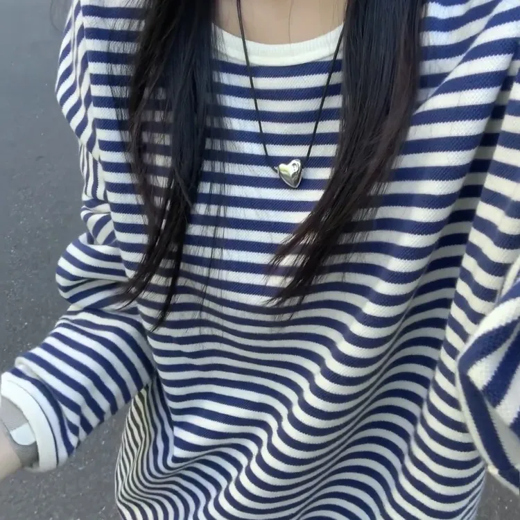 简约高级感蓝白条纹卫衣女2025秋季新款小众设计感撞色长袖上衣潮