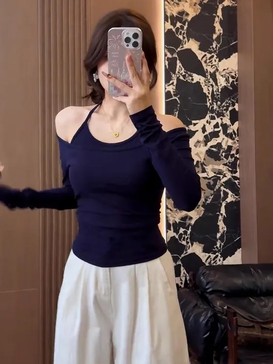 辣妹挂脖长袖T恤女秋季新款修身百搭假两件显瘦打底衫上衣睡衣女