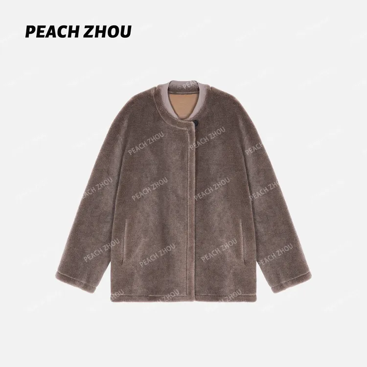 『PEACHZHOU』100羊毛颗粒宽松圆领外套气质休闲老钱高级感夹克