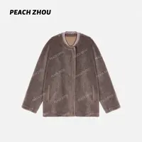 『PEACHZHOU』100羊毛颗粒宽松圆领外套气质休闲老钱高级感夹克