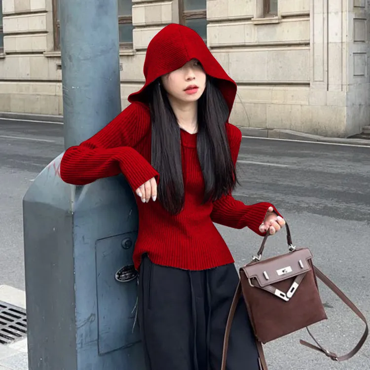 法式红色连帽卫衣套头打底毛衣外套女秋冬软糯小香风百搭针织衫潮