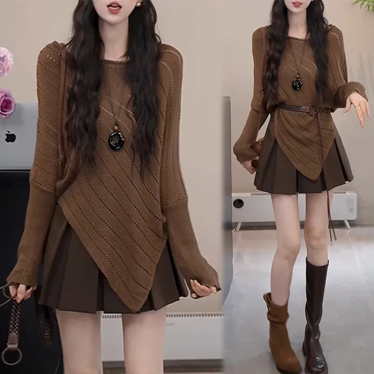 轻奢风松驰感套装女2025春秋新款镂空针织衫长袖百褶半身裙两件套