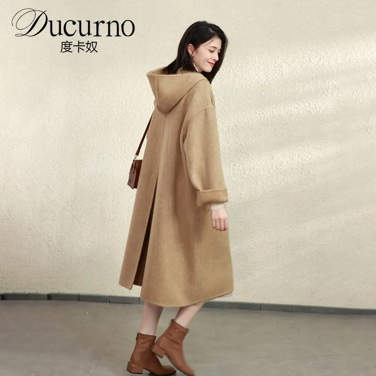 连帽双面大衣女2025新款时尚秋冬季气质百搭大码中长款羊毛呢外套