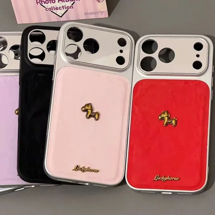 轻奢复古皮纹金色小马摇摇马适用于iphone17promax苹果16手机壳15