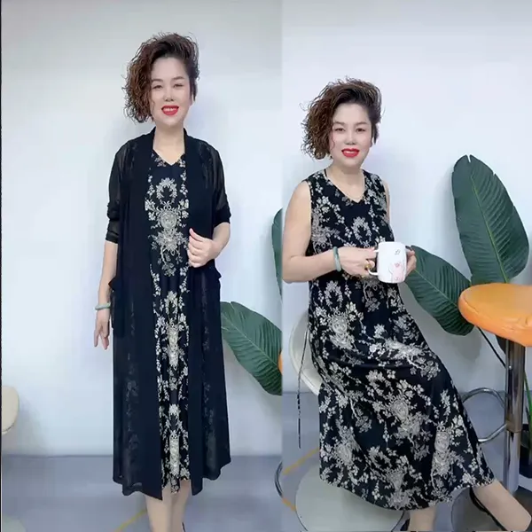 夏季新款中长款高弹力腰带无袖V领时尚显瘦复古印花宽松连衣裙002