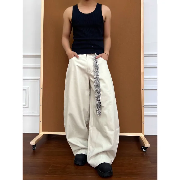 -EQME-美式复古弯刀阔腿休闲工装裤男款春秋宽松蛇纹腰带cleanfit