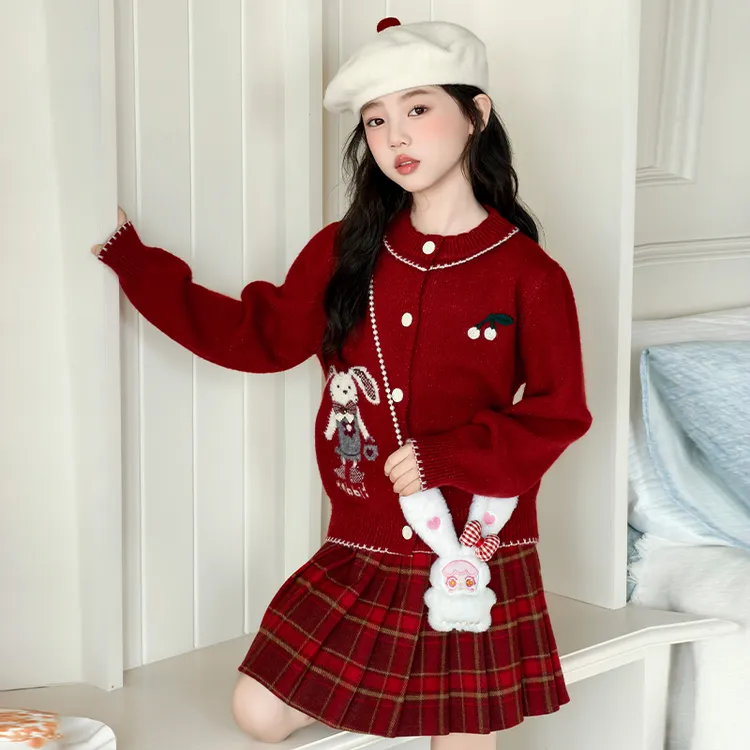 女童毛衣套装裙冬装中大童红色新年拜年服12岁儿童马年本命年衣服