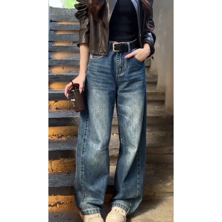 艾塔莉秋季女新款美式裤子牛仔裤宽松阔腿裤梨型身材显瘦长裤微胖