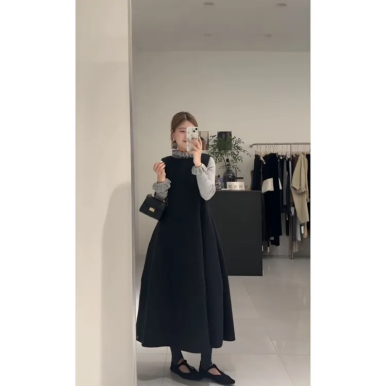 MARIE.COCO韩系小香风木耳边半高领打底衫上衣叠穿花苞背心裙套装