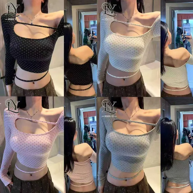 NY7121波点斜肩性感长袖打底短款T恤带橡皮筋低胸露锁骨显瘦上衣