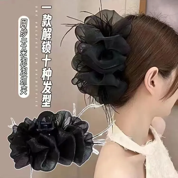 珠光羽毛抓夹蝴蝶结羽毛黑色网红新款发夹女后脑勺鲨鱼夹子头饰