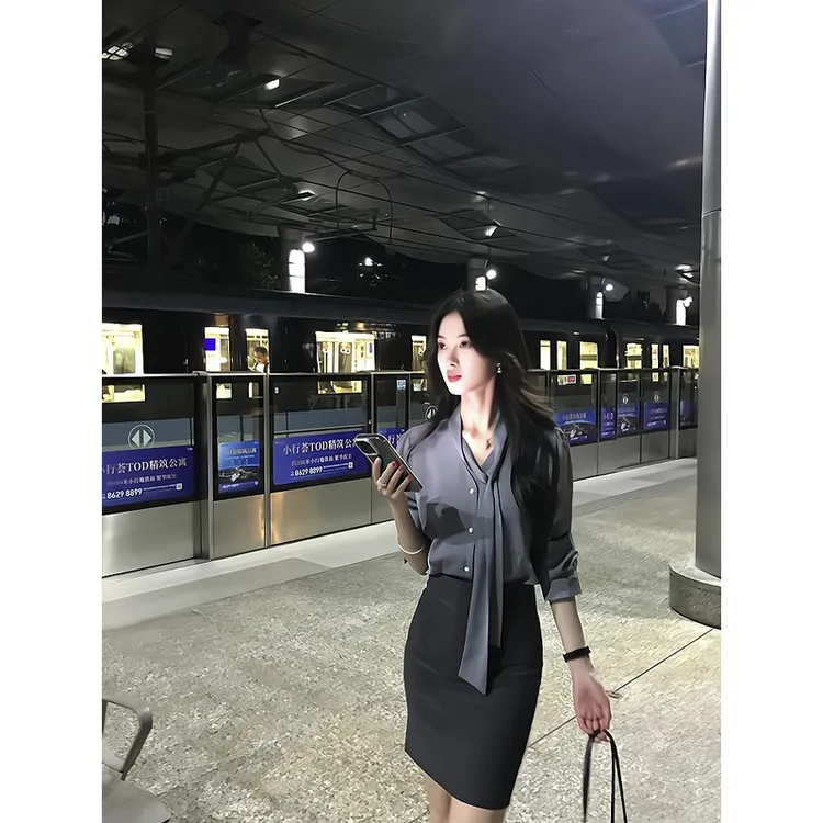 衬衣蝴蝶结纯色百搭长袖甜美衬衫上衣西装裙包臀裙a字半身裙子女