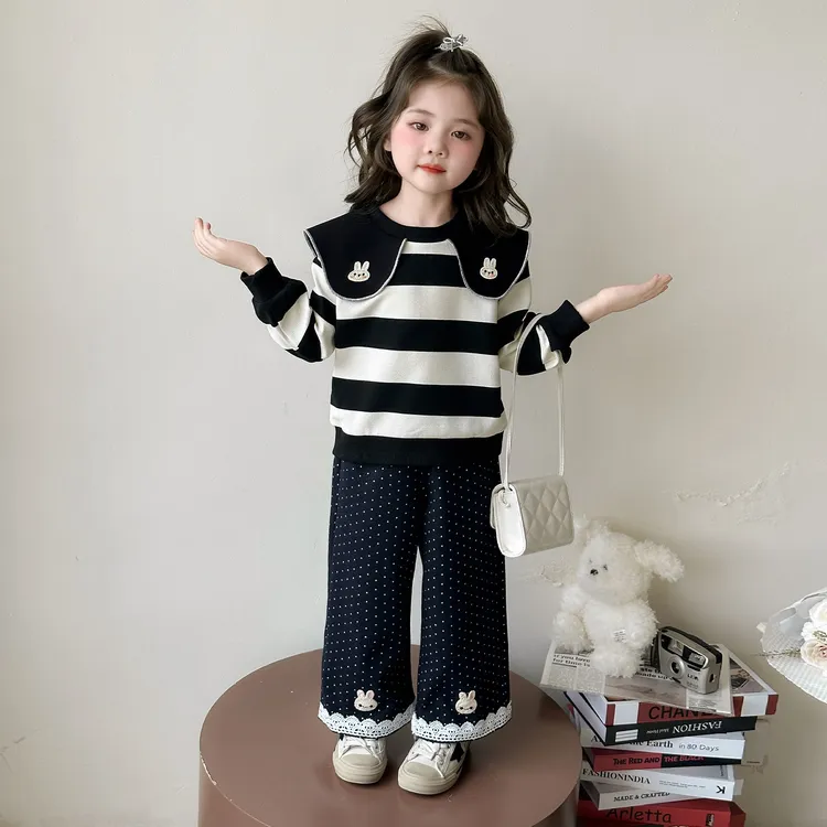 女童套装春秋2025新款女大童韩系穿搭儿童秋季条纹娃娃衫阔腿裤潮