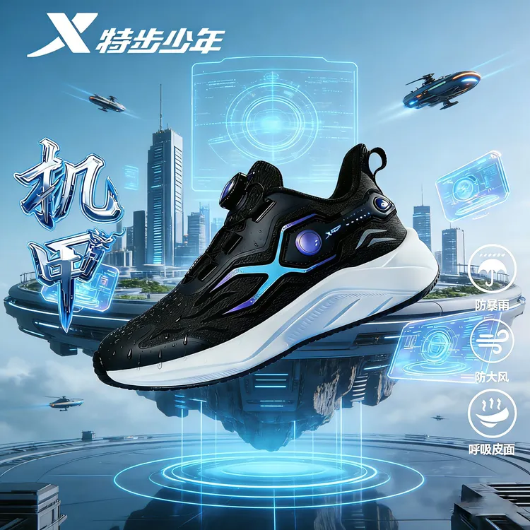 【皮面/密网】特步儿童冬季旋钮机甲跑鞋大童防滑舒适运动鞋9318