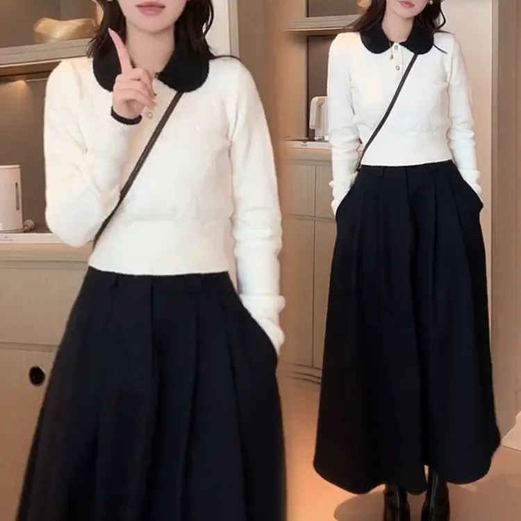 休闲风撞色针织上衣半裙套装2025冬季款风格随性自在轻松日常造型