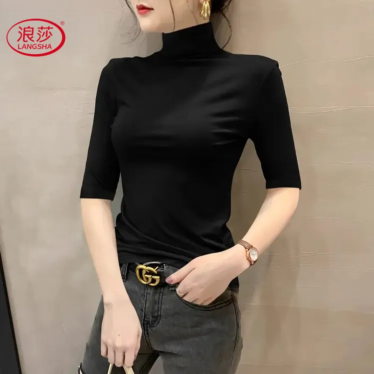 浪莎薄款高领厚黑中袖秋冬打底衫女内搭2025新款修身内搭五分袖