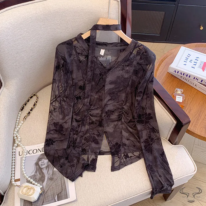 设计感V领系带提花褶皱开叉长袖T恤女24早秋新款洋气打底衫