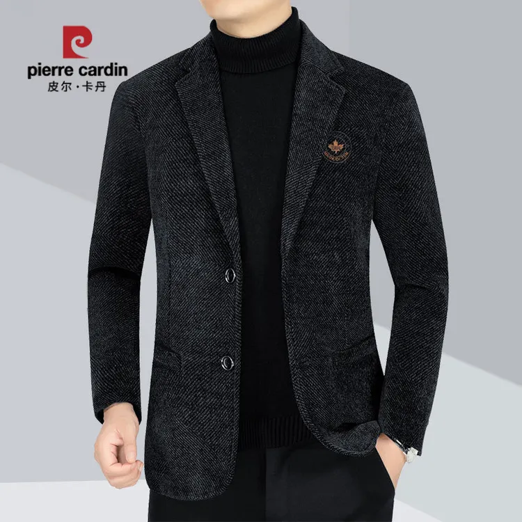 皮尔卡丹爸爸休闲雪尼尔西服外套中老年男西装夹克爷爷装春秋翻领