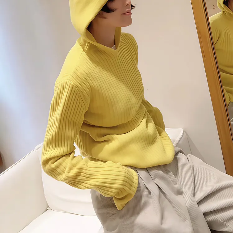 多巴胺蓝色坑条连帽针织衫女打底内搭秋新款设计感超好看复古毛衣